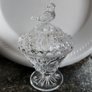 Hofbauer Byrdes Lead Crystal Clear Cut Bird Mini Round Trinket Dish Lid Germany